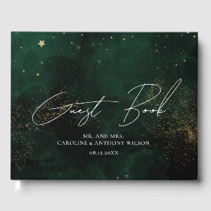 Guest Book Modern Green Black Watercolor Magic