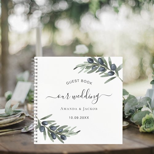 Guest book olive leaves greenery white wedding 