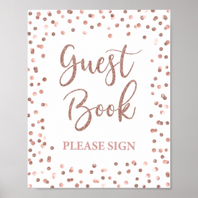 Guest Book Party Sign Rose Gold Glitter Confetti (Front)