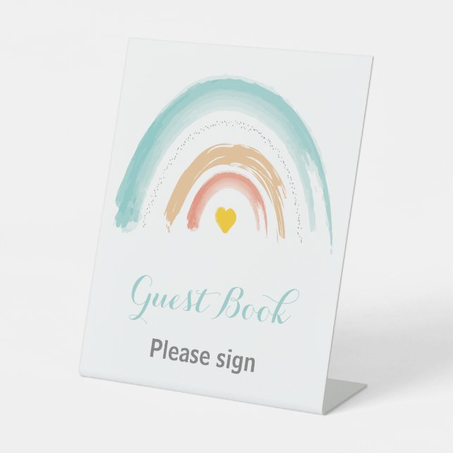 Guest Book Pastel Little Rainbow Birthday Party Pedestal Sign (Front)