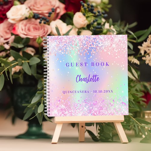 Guest book Pink holographic confetti Quinceanera