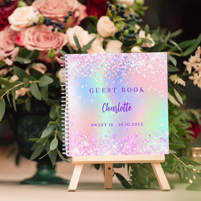 Guest book Pink holographic confetti Sweet 16 (Creator Uploaded)