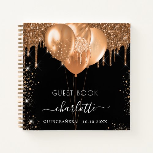 Guest book Quinceanera black gold glitter balloons