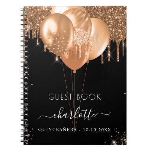 Guest book Quinceanera black gold glitter balloons