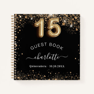 Guest book Quinceanera black gold glitter name