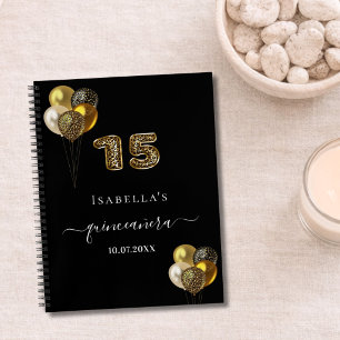 Guest book Quinceanera black gold leopard balloons