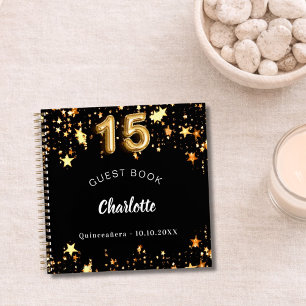 Guest book Quinceanera black gold stars