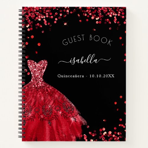 Guest book Quinceanera black red dress glitter