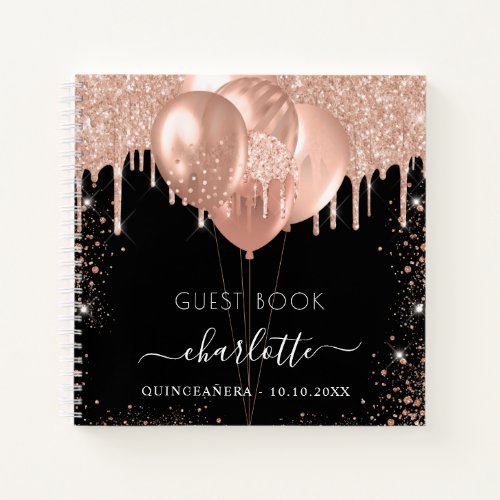 Guest book Quinceanera black rose gold balloons