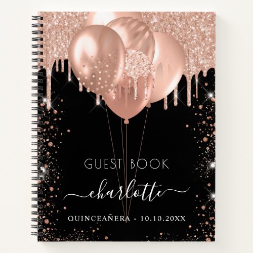 Guest book Quinceanera black rose gold balloons