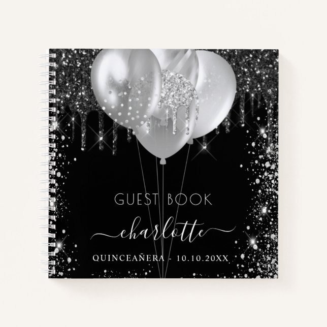 Guest book Quinceanera black silver glitter name (Front)