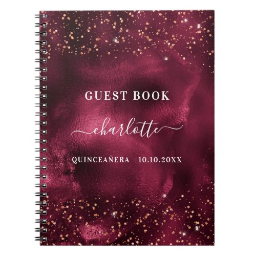 Guest book Quinceanera burgundy rose gold glitter