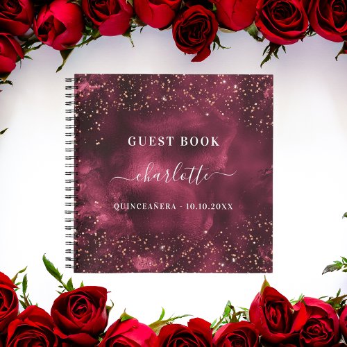 Guest book Quinceanera burgundy rose gold glitter