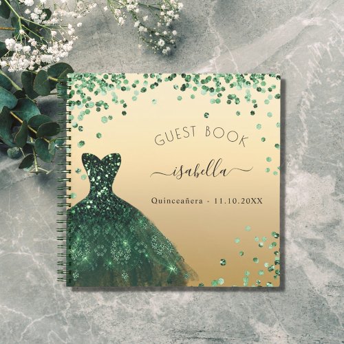Guest book Quinceanera emerald green gold dress