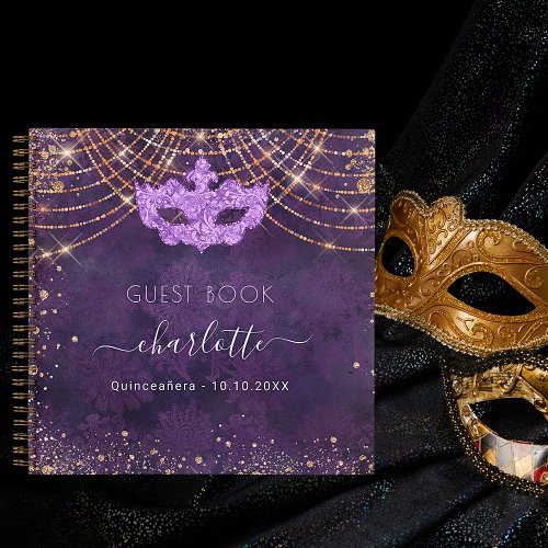 Guest book quinceanera masquerade purple rose gold