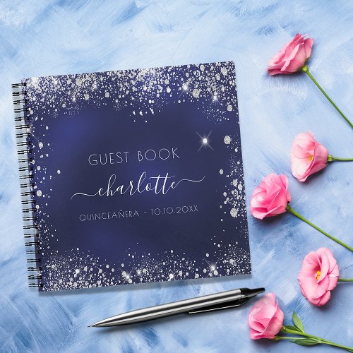 Guest book Quinceanera navy blue silver glitter