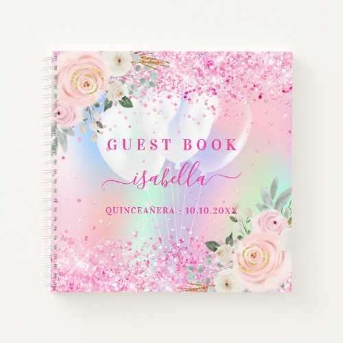 Guest book Quinceanera pink flowers holographic