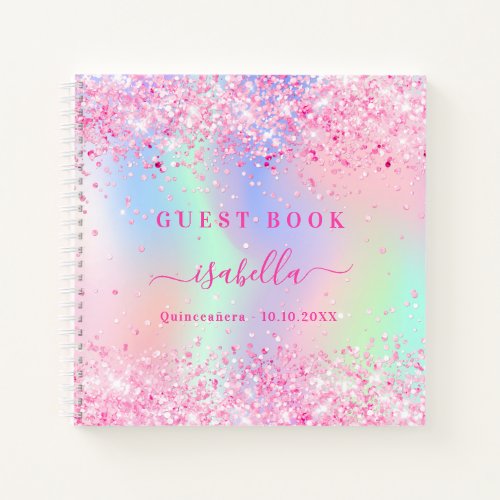 Guest book Quinceanera pink glitter holographic