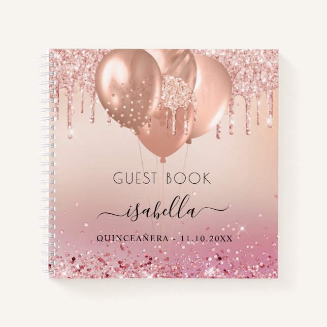 Guest book Quinceanera pink rose gold balloons (Front)