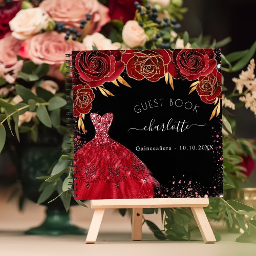 Guest book Quinceanera red black dress glitter