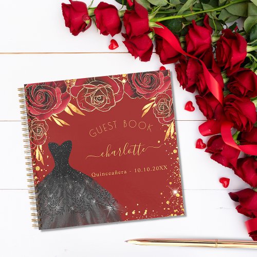 Guest book Quinceanera red gold black dress 