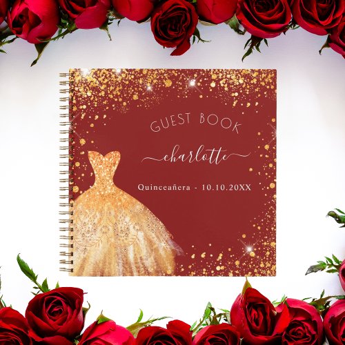 Guest book Quinceanera red gold glitter dress 