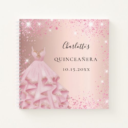 Guest book Quinceanera rose blush glitter dress 