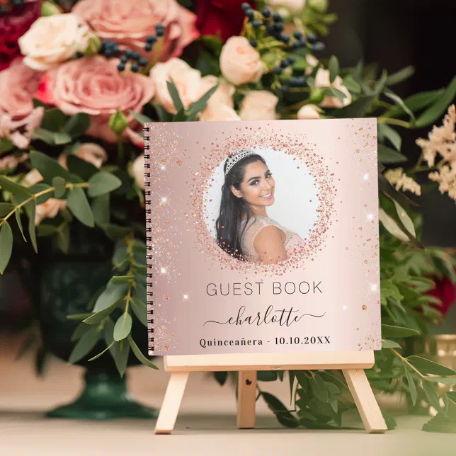 Guest book Quinceanera rose gold blush photo Zazzle