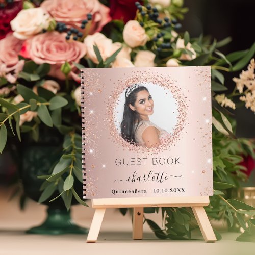 Guest book Quinceanera rose gold blush photo