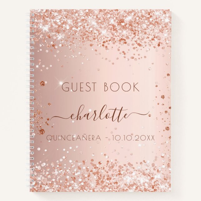 Guest book Quinceanera rose gold blush sparkles (Front)