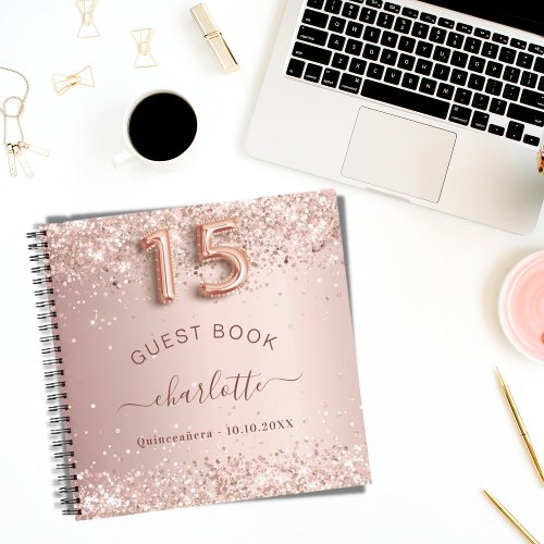 Guest book Quinceanera rose gold glitter blush