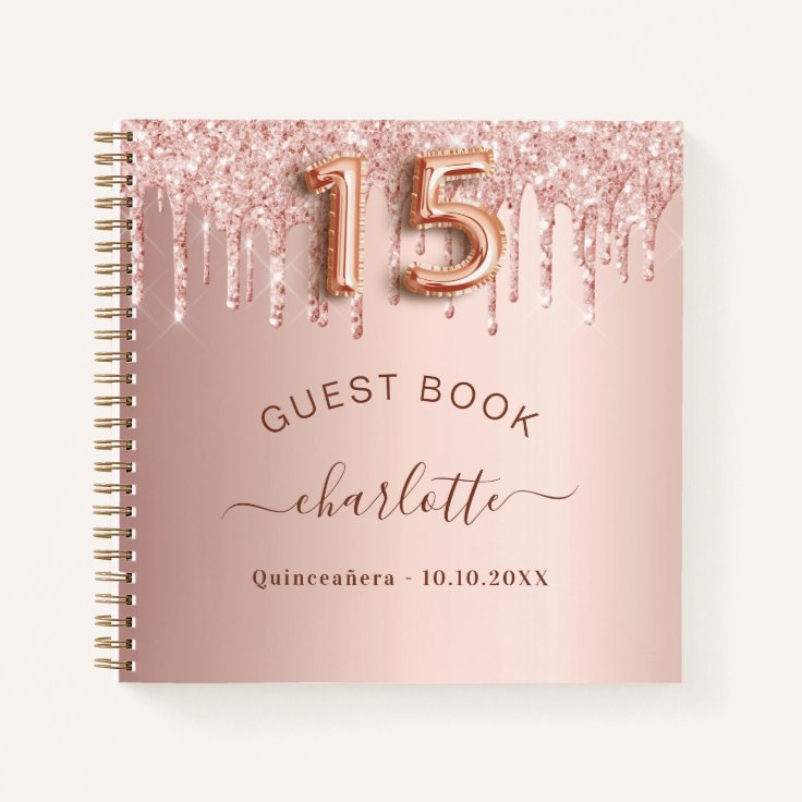 Guest book Quinceanera rose gold glitter drips Zazzle