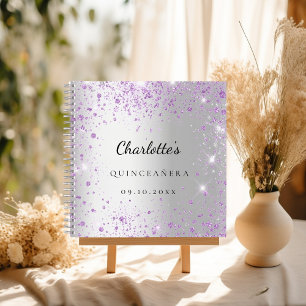 Guest book Quinceañera silver lavende glitter name