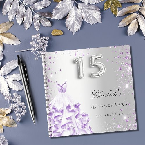 Guest book Quinceanera silver purple glitter dress