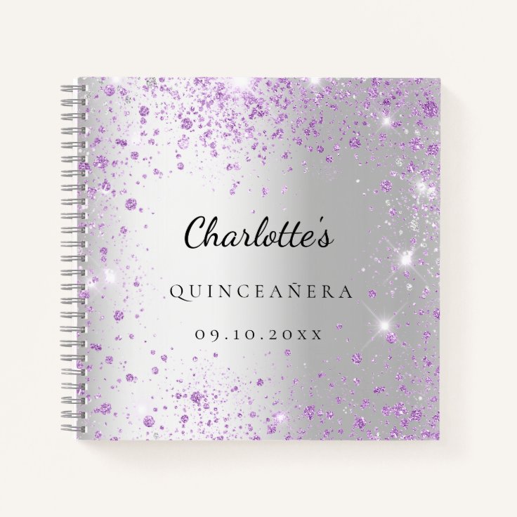 Guest book Quinceañera silver purple glitter name Zazzle