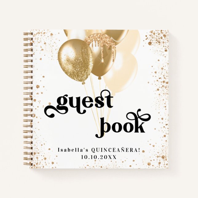 Guest book Quinceanera white gold balloons name (Front)
