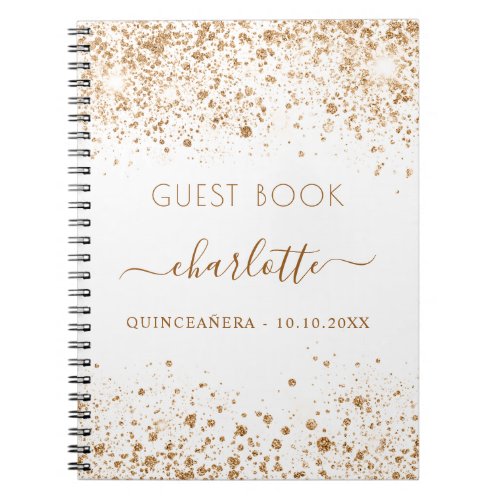 Guest book Quinceanera white gold glitter name