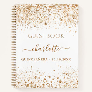 Guest book Quinceanera white gold glitter name