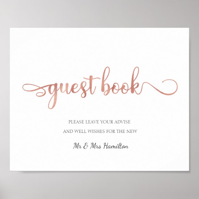 "Guest Book" rose gold White simple Wedding Sign (Front)
