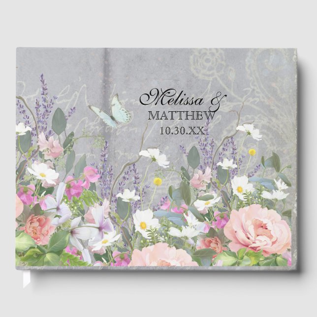 Guest Book Rustic Wood Floral Peony Wild Flowers (Front)