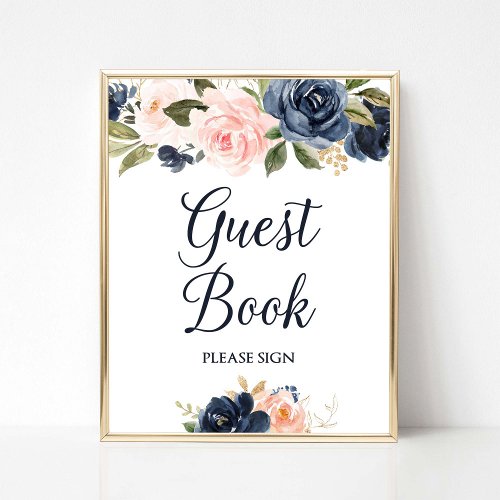 Guest Book Shower Sign Navy  Blush Floral