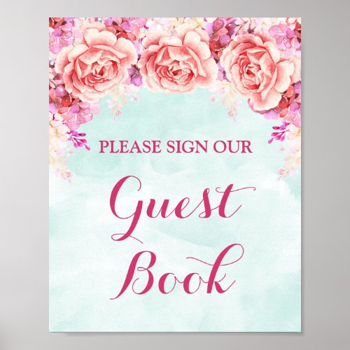 Guest Book Sign Blue Pink Watercolor Flowers