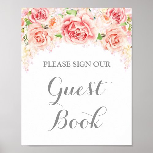 Guest Book Sign Pink Watercolor Flowers