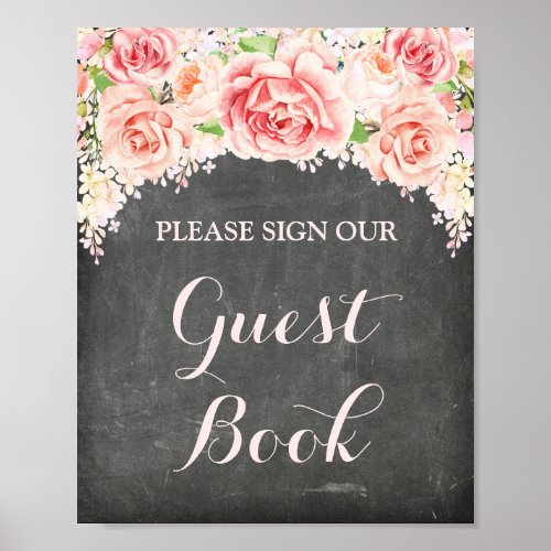 Guest Book Sign Pink Watercolor Flowers Chalkboard