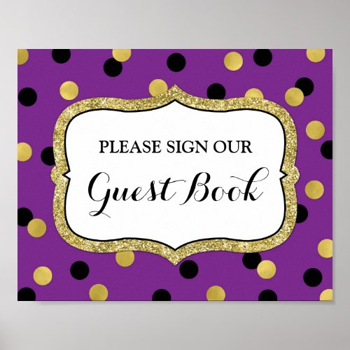 Guest Book Sign Purple Black Gold Confetti