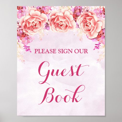 Guest Book Sign Purple Pink Watercolor Flowers