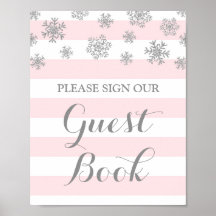 Guest Book Sign Silver Snow Pink Stripes