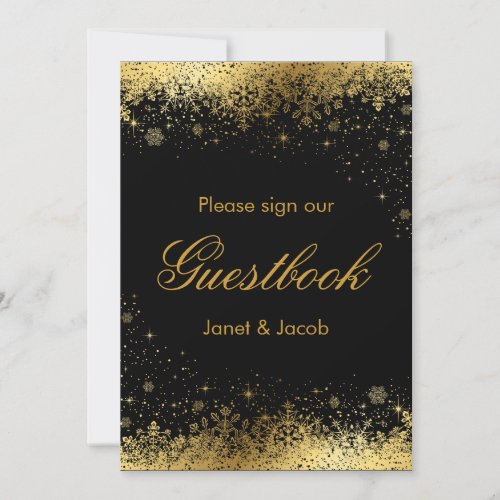 Guest Book Sign _ Stylish Black and Gold Snowflake Holiday Card