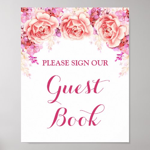Guest Book Sign White Pink Watercolor Flowers
