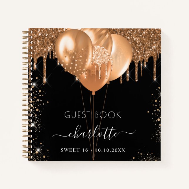 Guest book Sweet 16 black gold glitter name (Front)